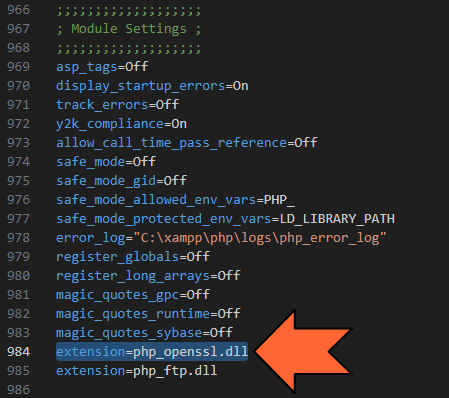 「extension=php_openssl.dll」がコメントアウトされていないことを確認