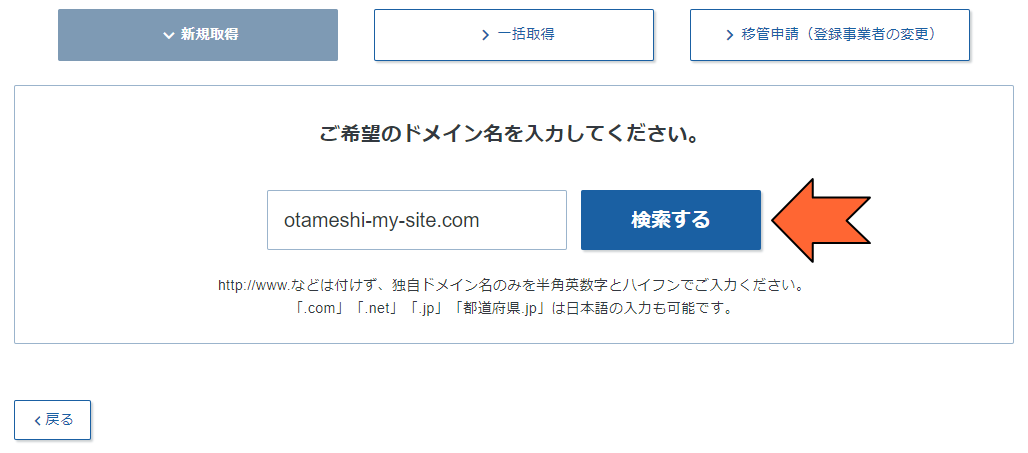 希望ドメイン名の入力画面