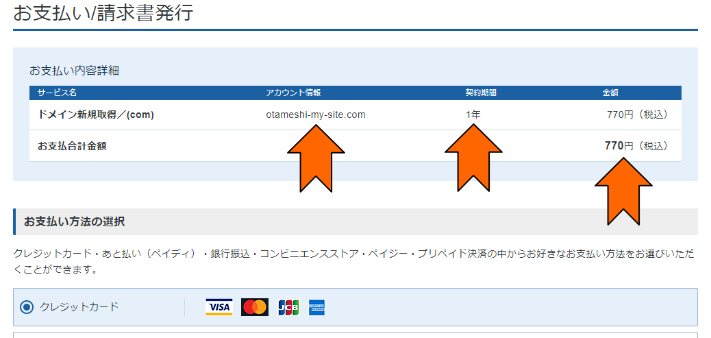 ドメイン名、契約年数、金額を確認し、支払方法を選択