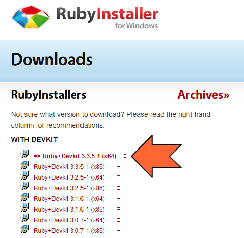 「=>」の記号が付いている「Ruby+Devkit 3.3.5-1 (x64)」をクリック