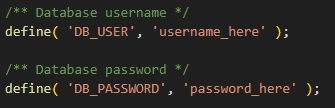 「wp-config.php」の「DB_USER」「DB_PASSWORD」