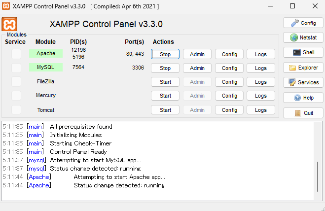 「MySQL」と「Apache」を起動