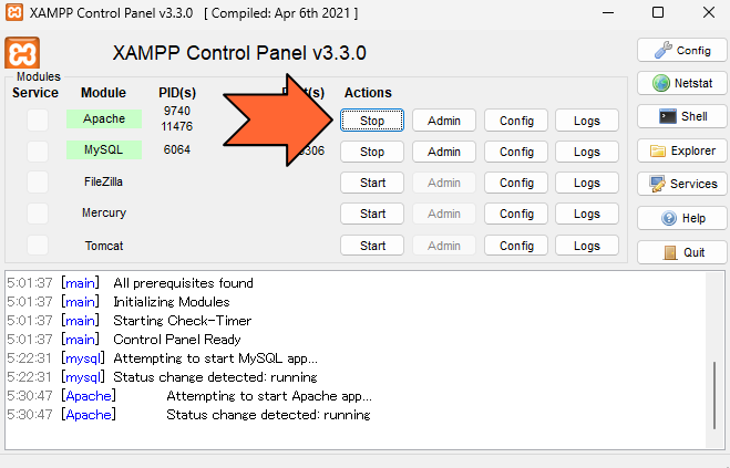 Apacheの「Stop」をクリック