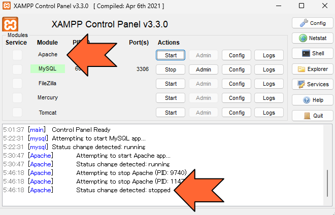 Apacheのサービスは終了