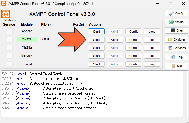 MySQLの「Stop」をクリック